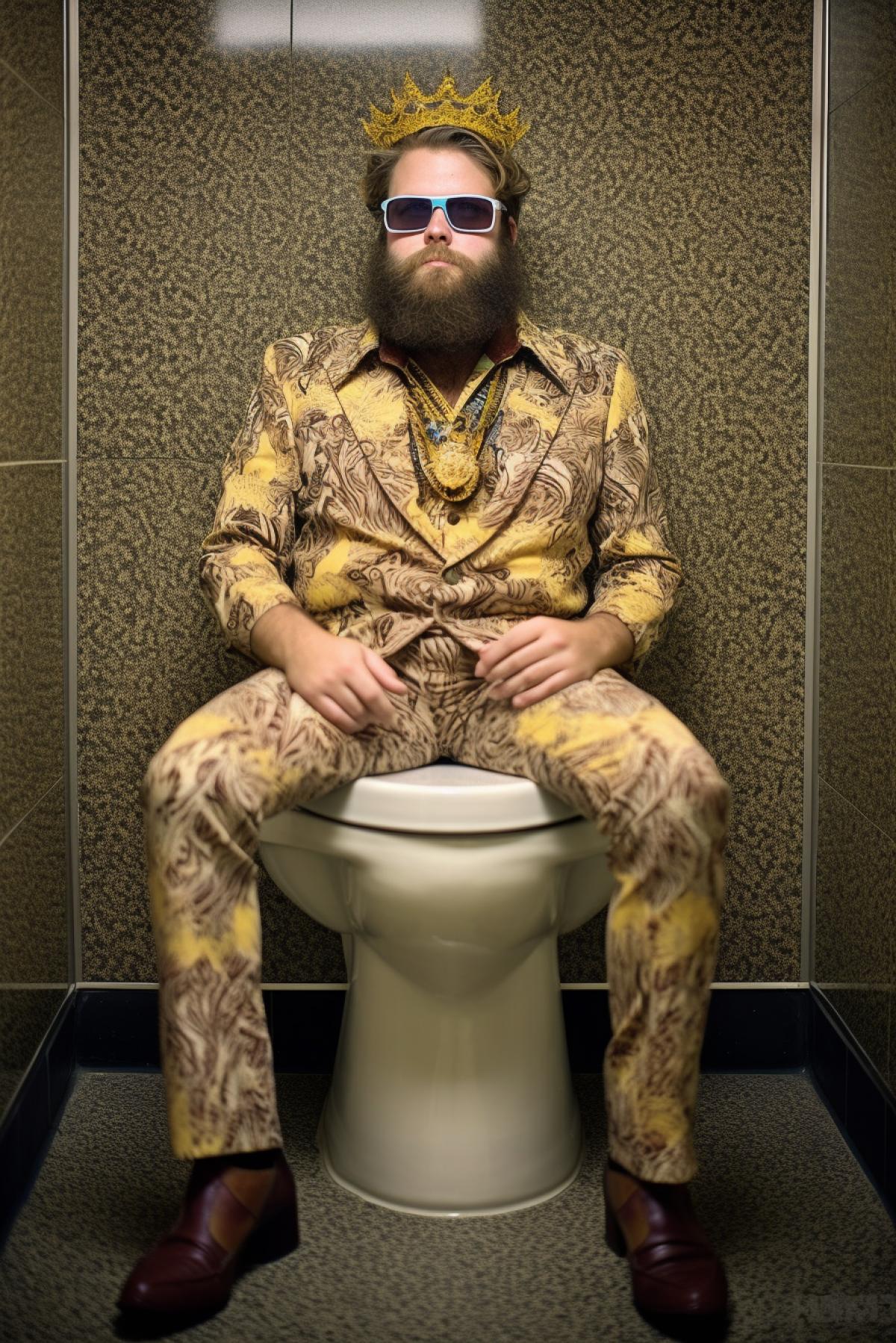 A well-dressed king sitting proudly on toilet