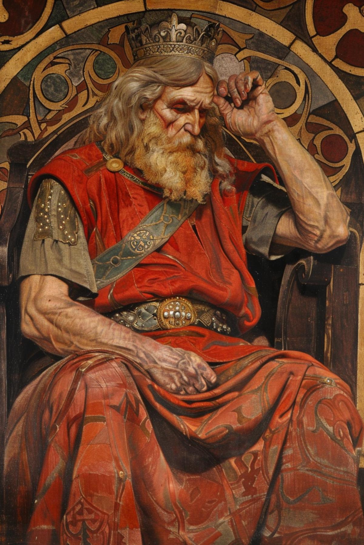 King Lear tough and serious on his throne testing his three daughters medieval art