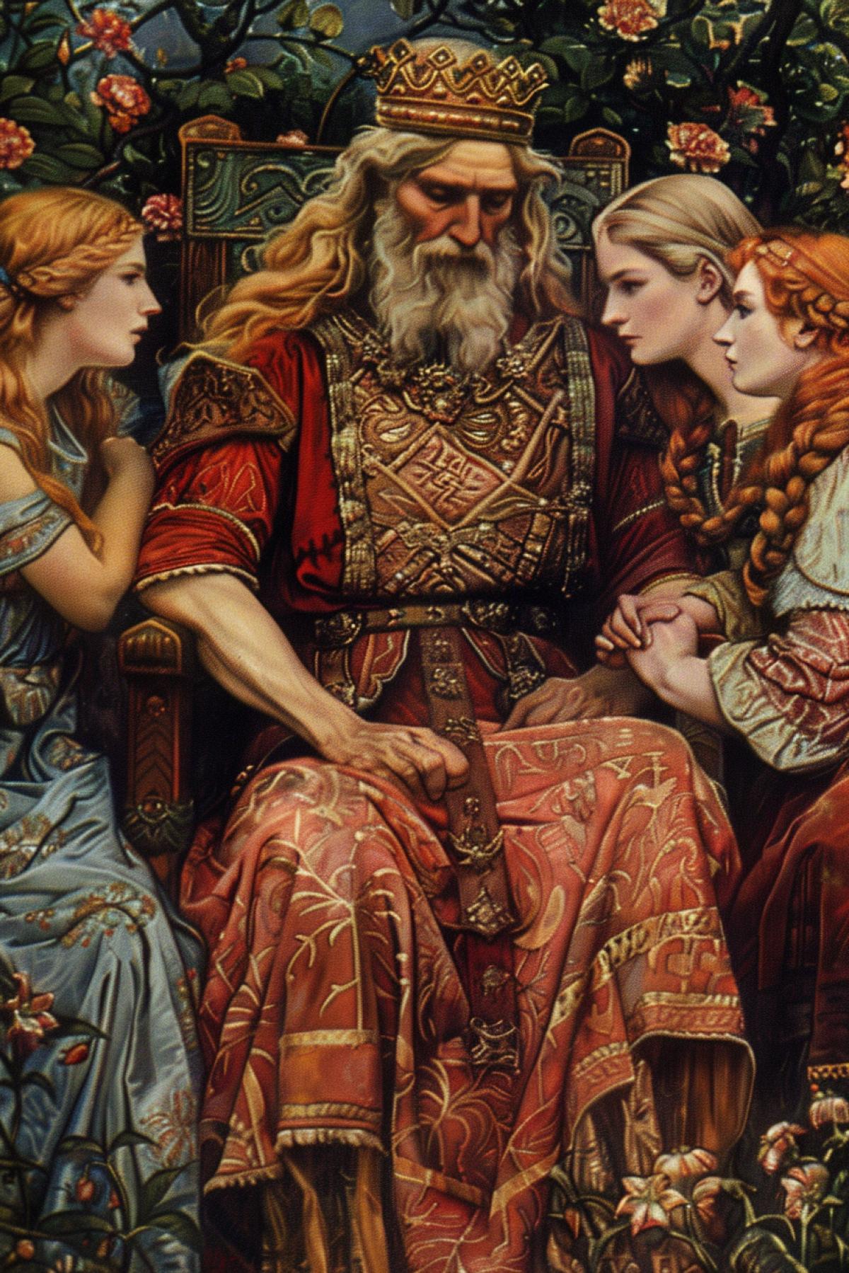 King Lear tough and serious on his throne testing his three daughters medieval art