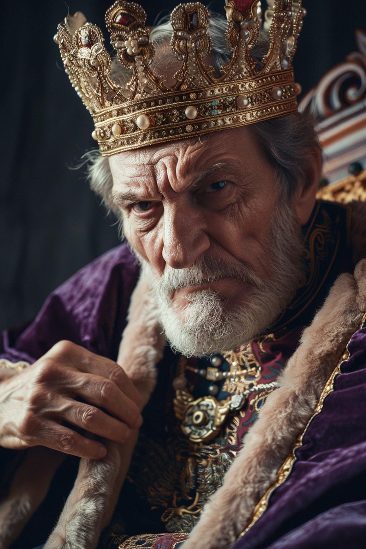 Old sophisticated serious tough king sitting on his throne looking frowningly right into camera lots of details wrinkles smart angry look precious crown breathtaking photo
