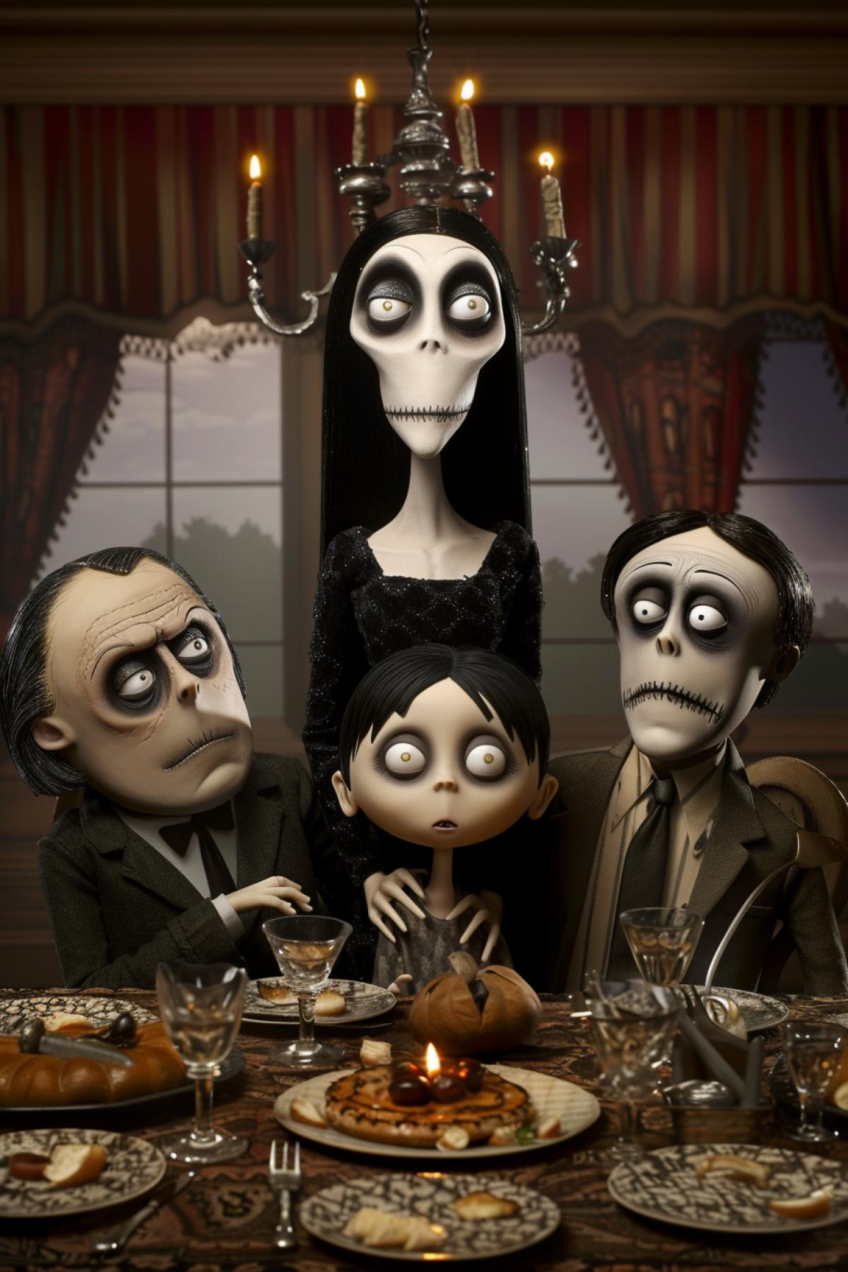 The Adams family freaks around the old fashioned table detailed photo