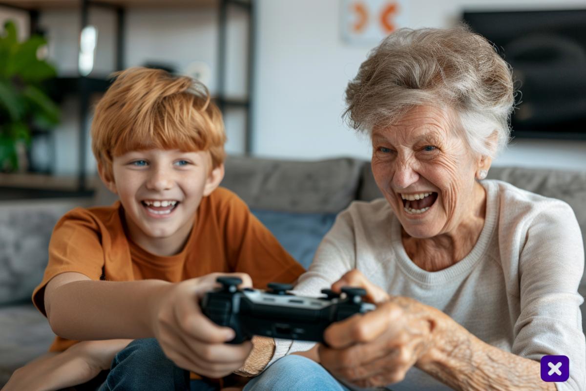 A happy gray-haired old grandmother and a happy red-haired boy play a TV game console in a room
