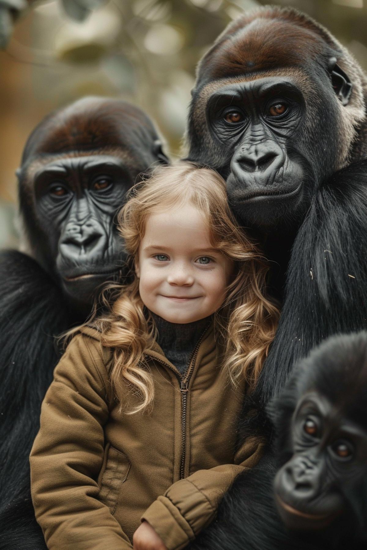 Big Family of gorillas with one beautiful cute four-year-old girl detailed photo