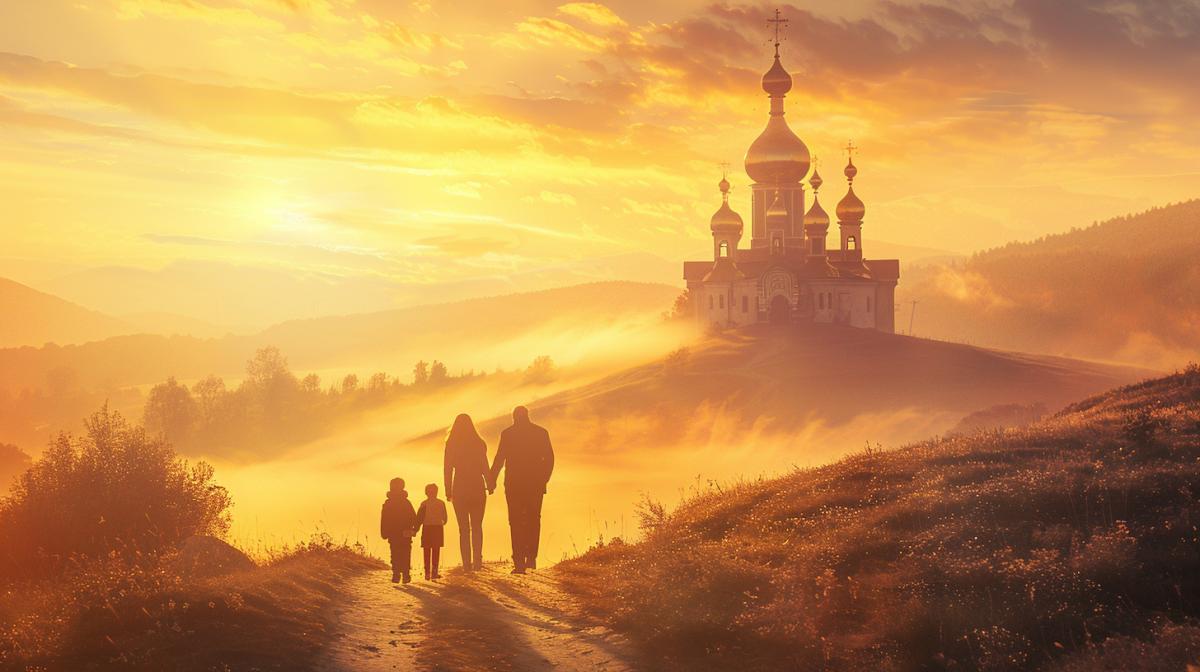 In the foreground, a family, a man, a woman and three children, walks along the road to an Orthodox temple on a hill, the doors of the temple are open, contour lighting of the temple with the rising sun, high quality, maximum details