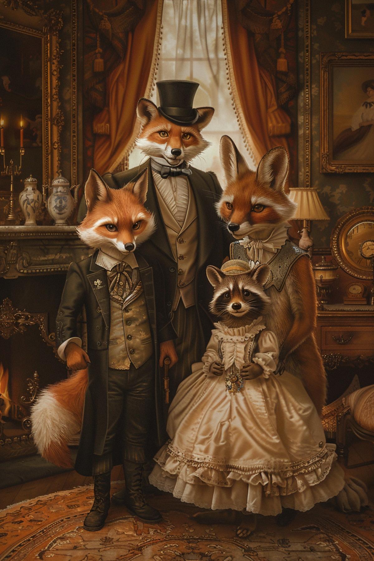 A whimsical family portrait featuring a family of anthropomorphic animals dressed in Victorian-era attire. The father, a distinguished fox in a top hat and monocle, stands proudly next to the mother, a graceful swan in a flowing gown. Their children, a mischievous rabbit and a curious raccoon, 4k with playful expressions. The background is an elegantly decorated parlor with rich drapery, antique furniture, and a roaring fireplace, capturing the warmth and charm of a bygone era.