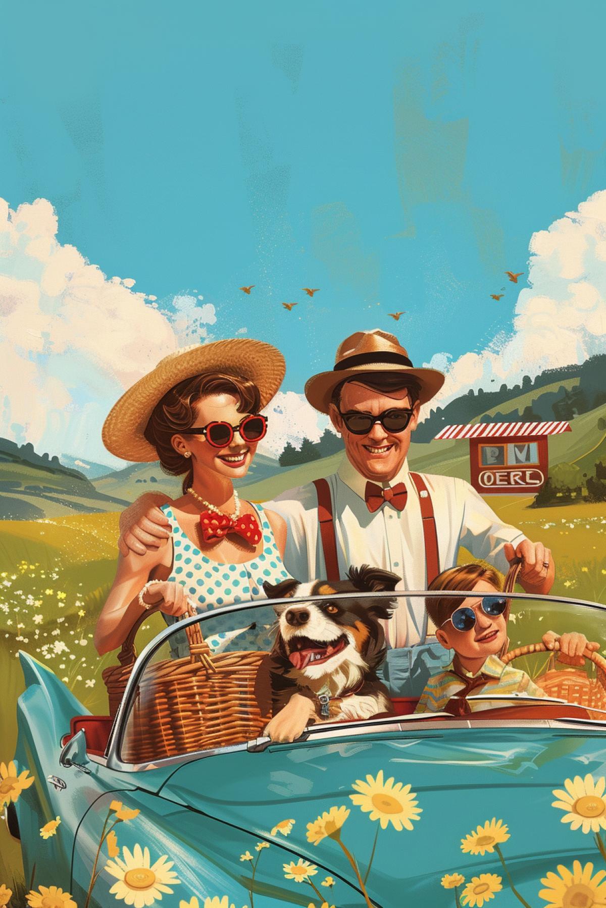 A charming retro family road trip in a vintage convertible, driving through a picturesque countryside. The family, dressed in 1950s attire, includes a father with a bowtie and suspenders, a mother in a polka-dot dress and cat-eye glasses, and two children with wide-brimmed hats. The car is packed with picnic baskets and a friendly dog with its head out the window. The background features rolling hills, blooming wildflowers, and an old-fashioned gas station, capturing the nostalgic joy and adventure of a simpler time.