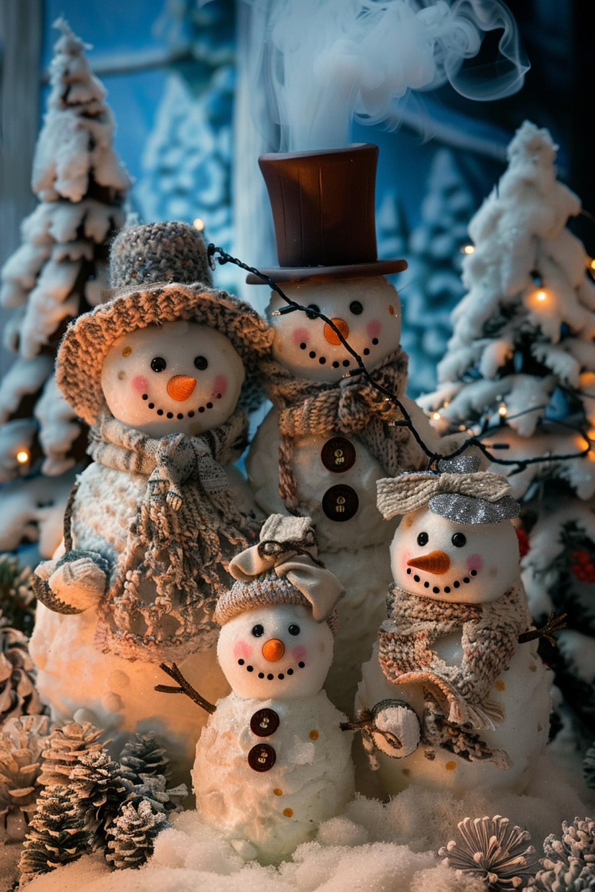 A delightful holiday photo of a family of snowmen in a winter wonderland. The father snowman wears a top hat and scarf, while the mother snowwoman is adorned with a bonnet and a knitted shawl. Their children, smaller snowmen with mismatched buttons and carrot noses, hold hands and smile brightly. The backdrop is a cozy log cabin with smoke curling from the chimney, surrounded by snow-covered pine trees and twinkling fairy lights. The scene exudes warmth and joy, capturing the magic of a snowy holiday season.