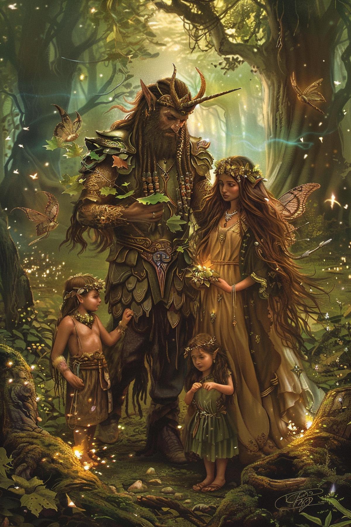 An enchanting family celebration in a magical forest, featuring a family of elves. The father, with long, braided hair and intricate armor, and the mother, in an elegant gown adorned with leaves and flowers, lead their children through a festive gathering. Fireflies illuminate the scene, and enchanted creatures like fairies and unicorns join the festivities. The forest is alive with glowing plants, sparkling streams, and ancient trees, creating a mystical atmosphere filled with wonder and enchantment.