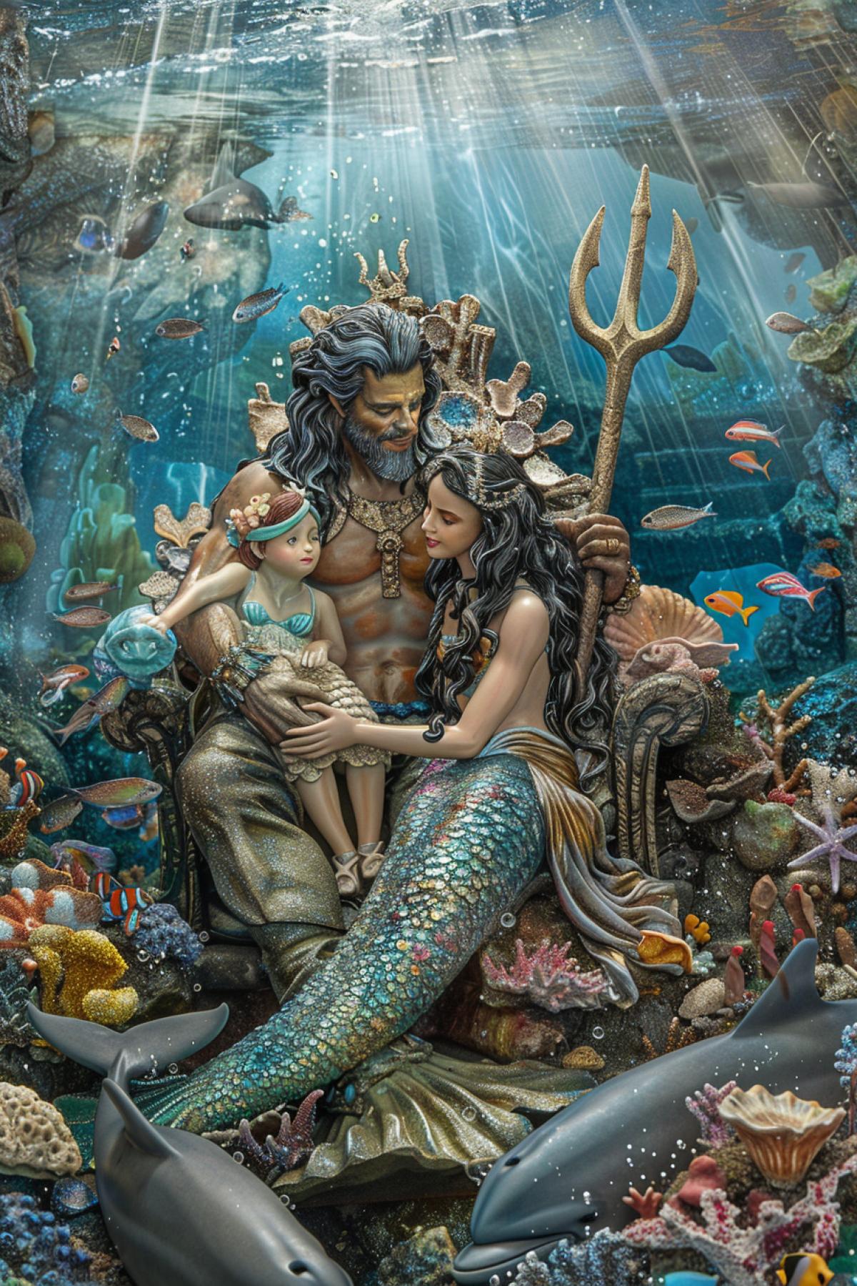 A heartwarming scene of an underwater family gathering, featuring a family of merfolk. The father, with a majestic tail and a trident, sits on a throne made of coral, while the mother, with flowing hair and a pearl necklace, holds their baby mermaid. Their older children, adorned with seashell jewelry, play with friendly dolphins and colorful fish. The background is a vibrant coral reef, teeming with marine life and illuminated by beams of sunlight filtering through the water, capturing the serene beauty and closeness of the underwater family.