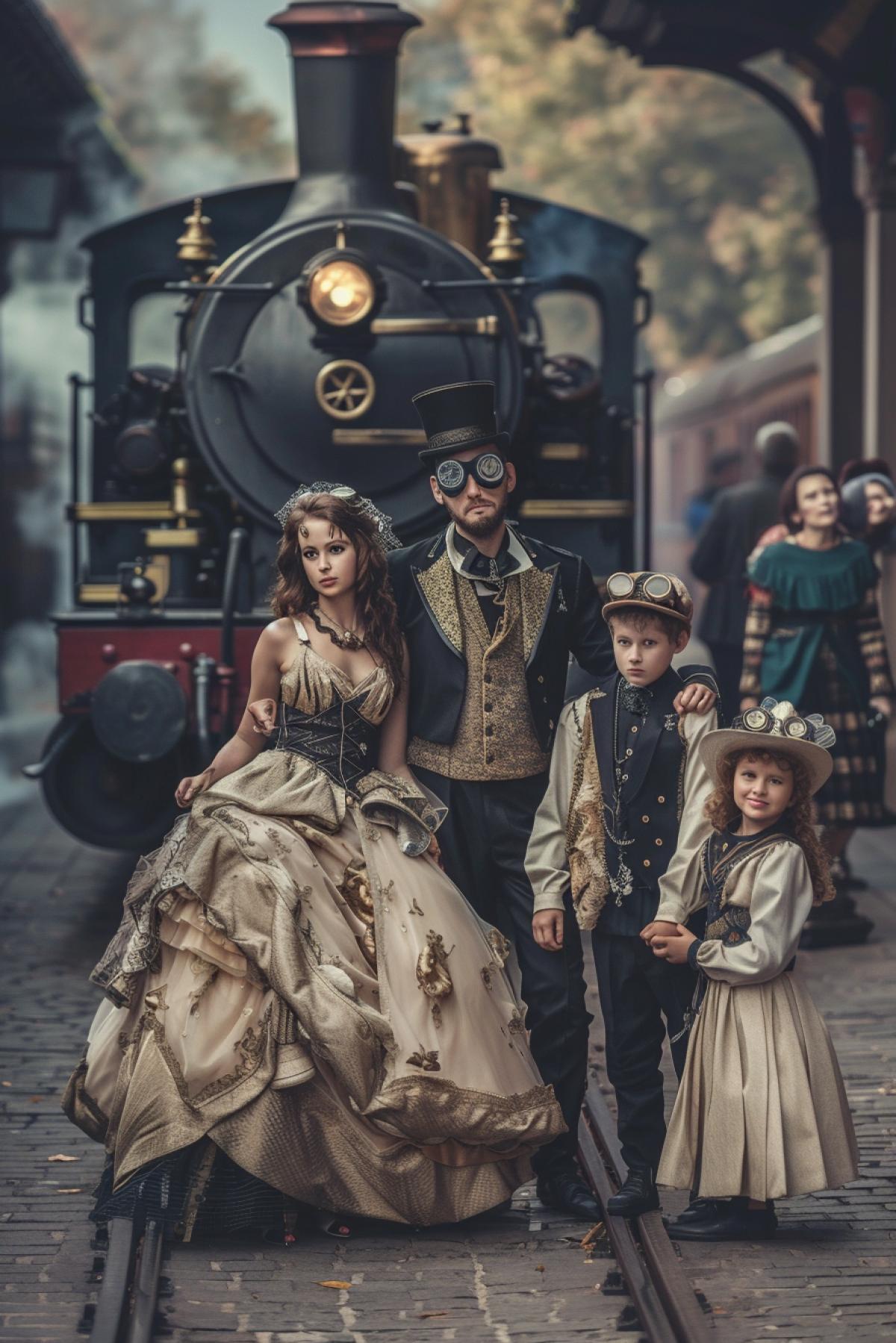 A quirky family portrait featuring a family of time travelers posing in front of a vintage steam engine. The father, dressed as a Victorian gentleman with goggles and a waistcoat, stands beside the mother, adorned in a steampunk dress with mechanical accessories. Their children, a boy in a futuristic suit with LED lights and a girl in a Renaissance gown, hold hands, showcasing their eclectic mix of eras. The background is a ling train station filled with characters from different time periods, creating a dynamic and adventurous scene.