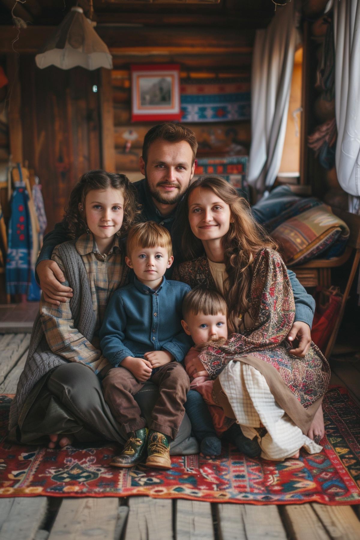 unusual family portraits, holidays, travel and retro scenes. in a wooden house