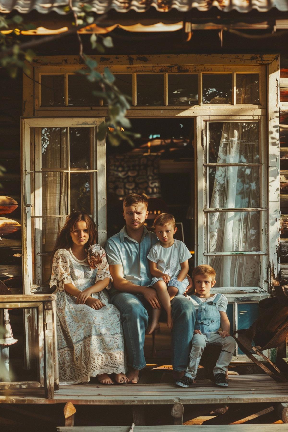 unusual family portraits, holidays, travel and retro scenes. in a wooden house