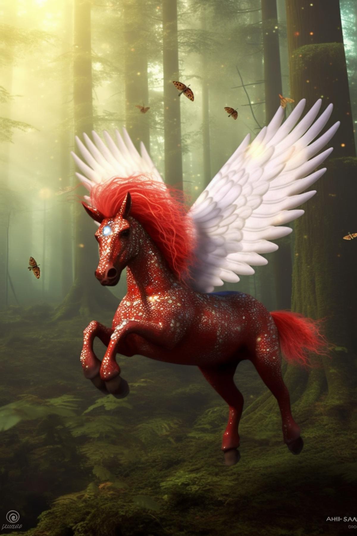 Pegasus flies covered with mushrooms