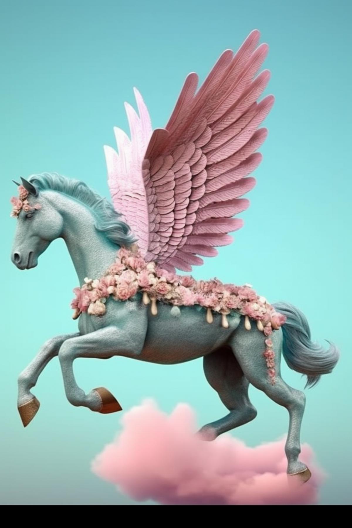 Pegasus flies covered with mushrooms