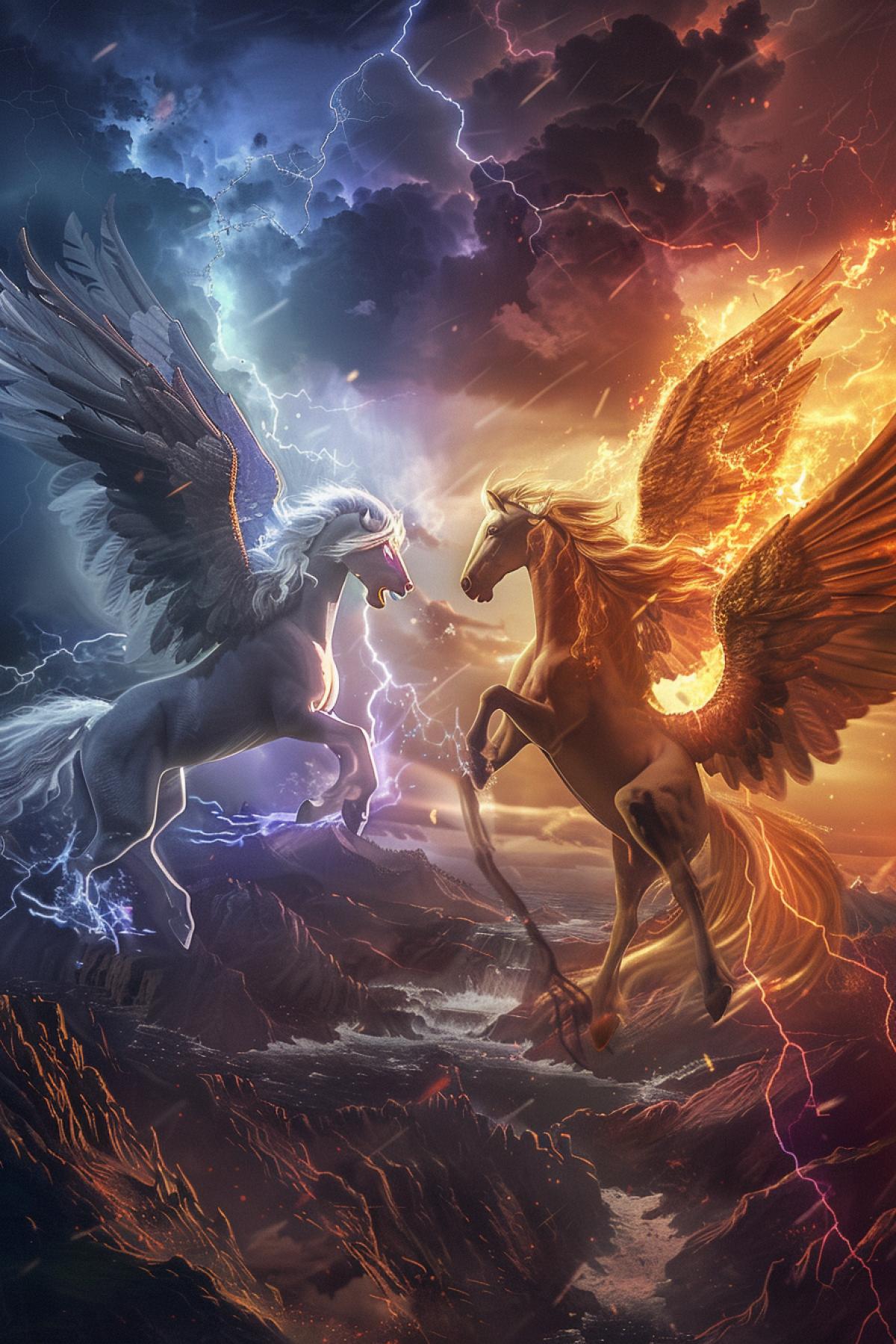 An awe-inspiring scene of a battle between two powerful Pegasi in a stormy sky. One Pegasus, with dark, thundercloud-colored wings and lightning crackling around it, faces off against another Pegasus with radiant, golden wings illuminated by beams of sunlight. The backdrop is a dramatic landscape of jagged mountains and turbulent seas below, with flashes of lightning and roaring winds adding intensity to the epic confrontation. The vertical com4k emphasizes the dynamic movement and the fierce energy of the battle.