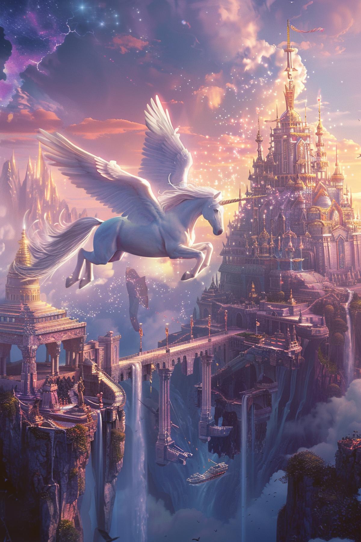 A majestic Pegasus soaring high above a mystical, ancient city built on floating islands. The Pegasus, with gleaming white wings and a powerful, muscular body, flies gracefully among the clouds, leaving a trail of sparkling stardust. The city below features grand temples and towers with golden spires, lush hanging gardens, and cascading waterfalls. The sky is painted with hues of pink and purple as the sun sets, creating a dreamlike and ethereal atmosphere.