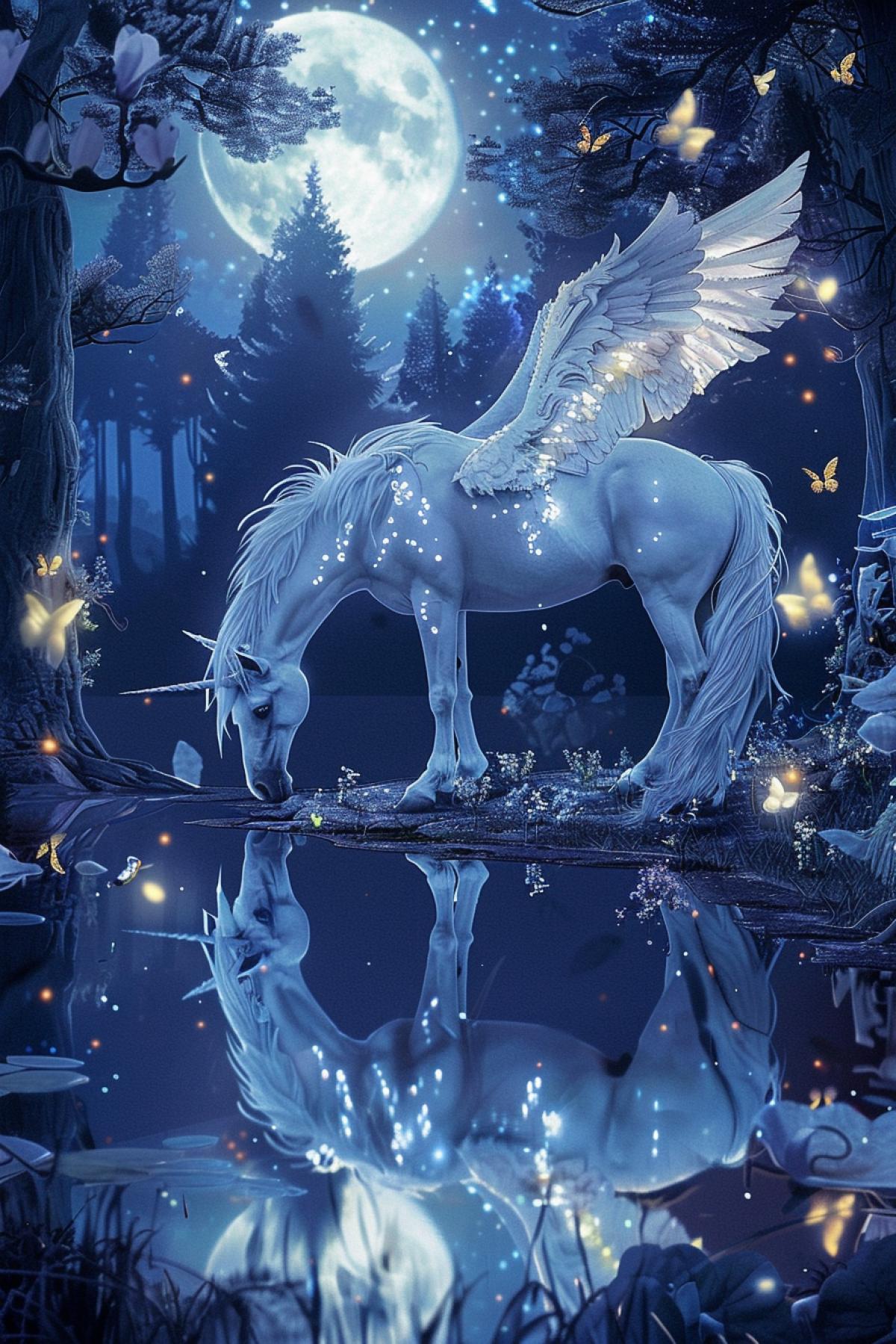 A serene, moonlit night scene featuring a Pegasus drinking from a crystal-clear lake in an enchanted forest. The Pegasus, with midnight blue wings that shimmer with silver in the moonlight, stands gracefully by the waters edge, its reflection mirrored perfectly in the still lake. Fireflies dance around, and the forest is filled with ancient, towering trees and glowing flowers. The scene exudes tranquility and magic, highlighting the Pegasuss ethereal beauty and the enchanting nature of its surroundings.
