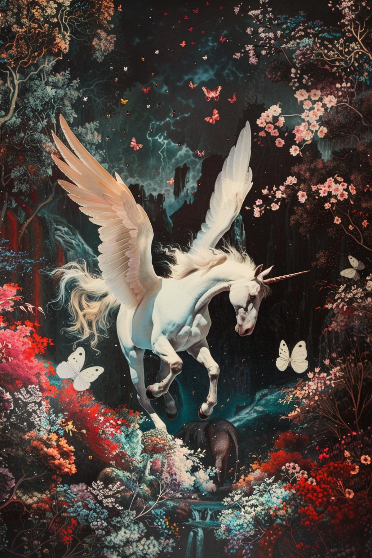 Pegasus, fairy-tale world, psychedelic, maximalism, flicker