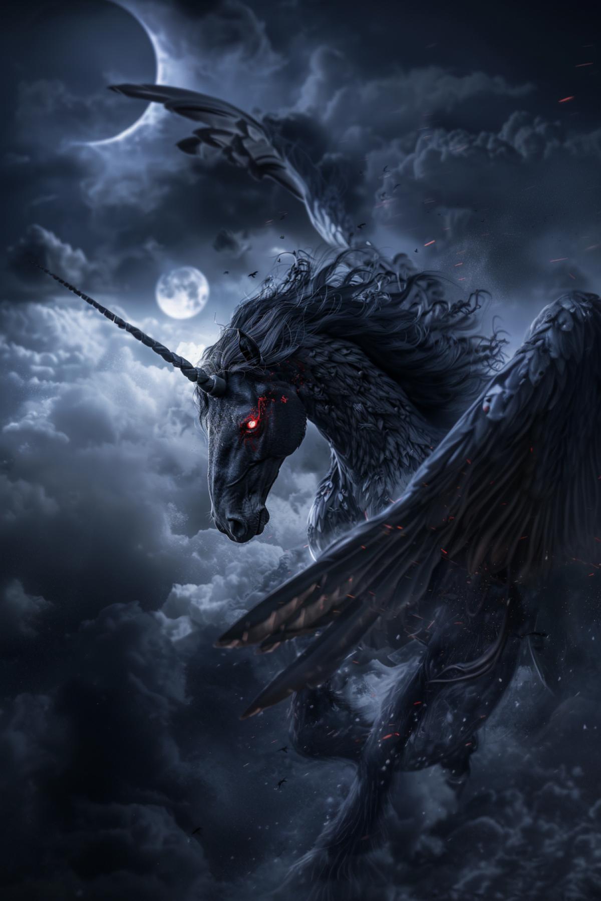 Evil dark Pegasus with red eyes, fairy-tale world, mythology
