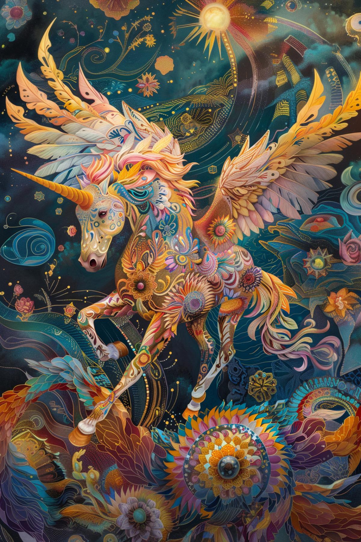 Pegasus, fairy-tale world, psychedelic, maximalism, flicker