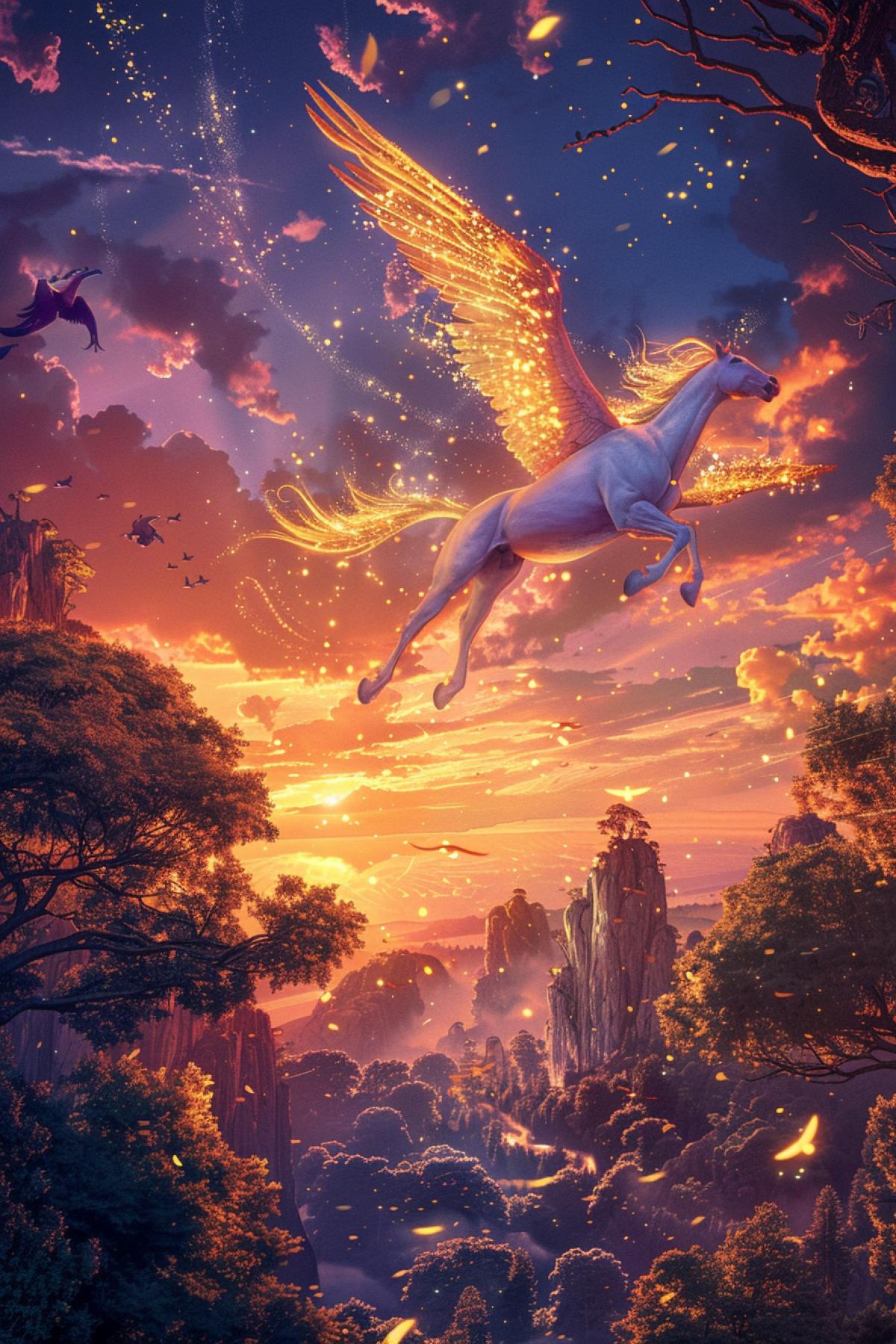 A breathtaking scene of a Pegasus flying through a vivid sunset sky over a sprawling, enchanted forest. The Pegasus, with radiant golden wings and a sleek, shimmering coat, soars gracefully, leaving trails of golden light behind. Below, the forest is alive with mythical creatures and towering, ancient trees that glow with bioluminescence. The sky is painted with vibrant hues of orange, pink, and purple, creating a stunning backdrop that enhances the magical and awe-inspiring flight of the Pegasus.