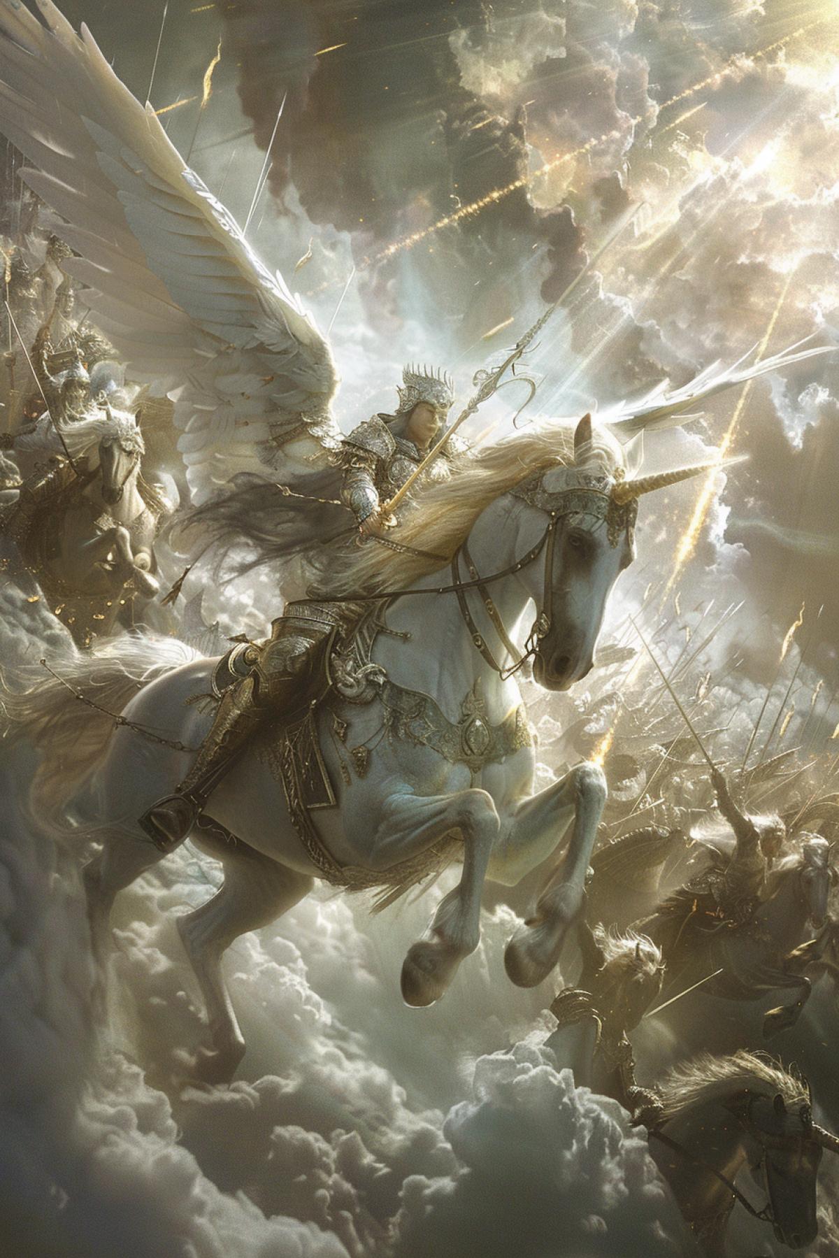 An epic scene of a Pegasus leading a charge in a grand celestial battle above the clouds. The Pegasus, with majestic white wings tipped with gold, carries a valiant warrior clad in silver armor, their sword raised high. Surrounding them are other winged steeds and mythical creatures, all engaged in combat against a dark force represented by shadowy, winged beasts. The background is a swirling mixture of storm clouds and beams of divine light, creating a dramatic and powerful visual that captures the intensity and grandeur of the battle.