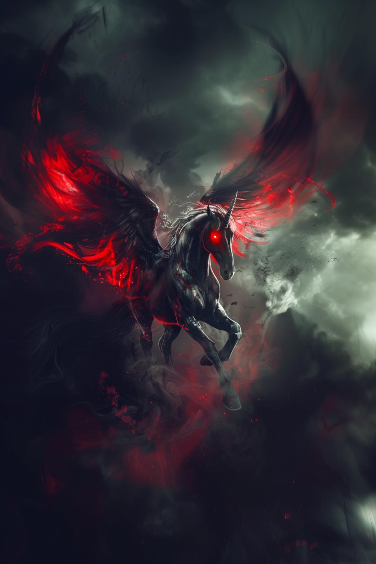 Evil dark Pegasus with red eyes, fairy-tale world, mythology