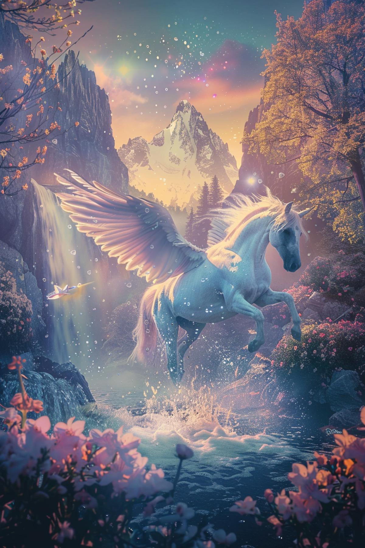 A serene dawn scene of a Pegasus emerging from a mystical waterfall in an enchanted valley. The Pegasus, with iridescent wings that reflect the first light of dawn, steps gracefully from the water, droplets sparkling like diamonds. The surrounding valley is lush with vibrant flowers, ancient trees, and delicate mist that catches the soft pink and gold hues of the rising sun. The sky transitions from night to day, with stars fading into a brilliant blue, creating a magical and tranquil atmosphere that highlights the ethereal beauty of the Pegasus.