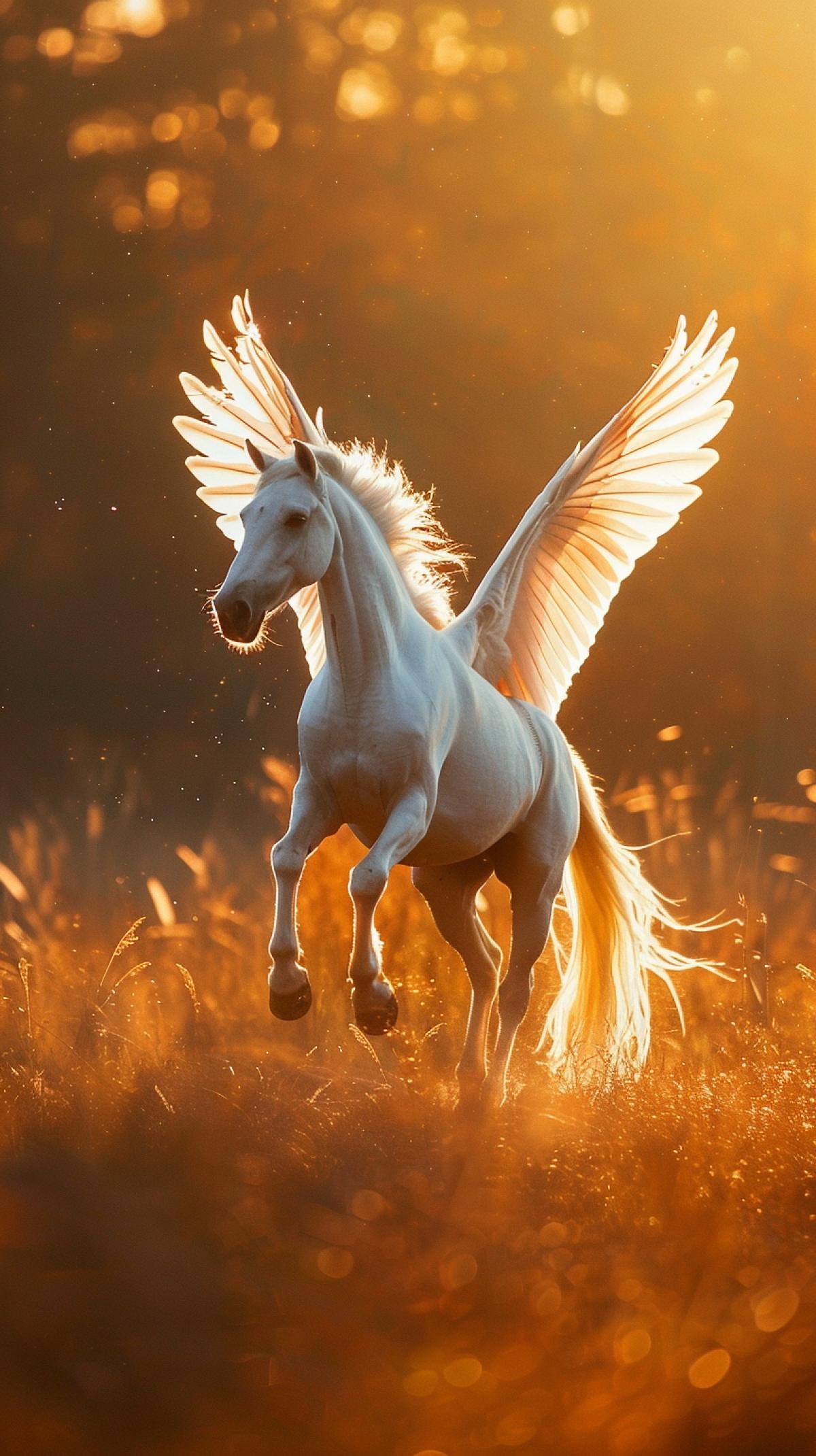 Pegasus, majestic, white, wings spread, flying, Canon EOS 5D, 70-200mm lens, golden hour, wildlife photography, Fuji Velvia 50, ultra-realistic, natural sunlight