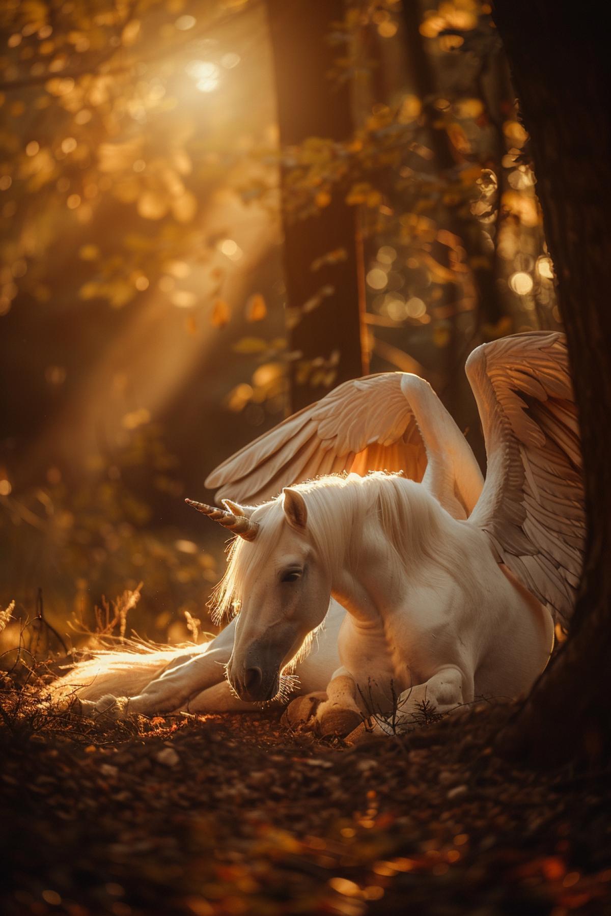 Pegasus, serene, golden, resting, forest glade, Fujifilm X-T4, 35mm lens, afternoon, magical realism photography, Kodak Gold 200, photo-realistic, soft dappled light