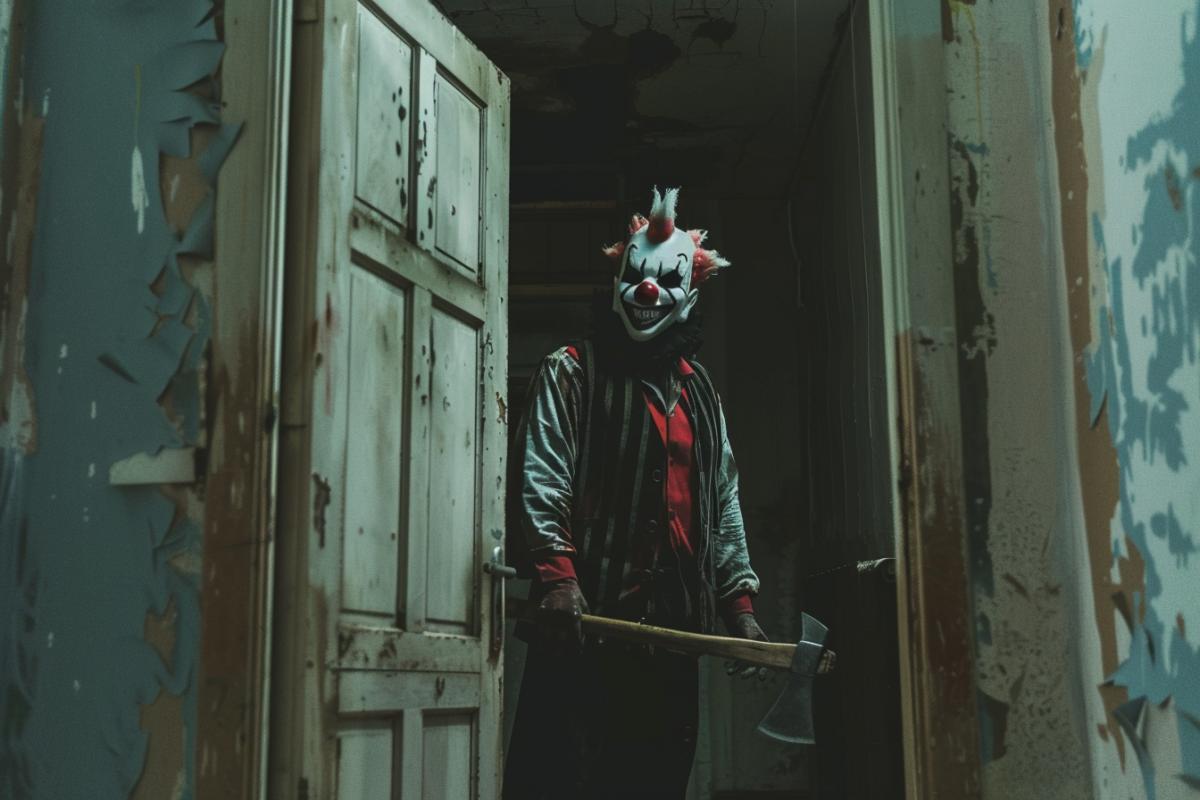 There is a man with a clown mask on his face and an ax standing in the doorway, horror style, movie