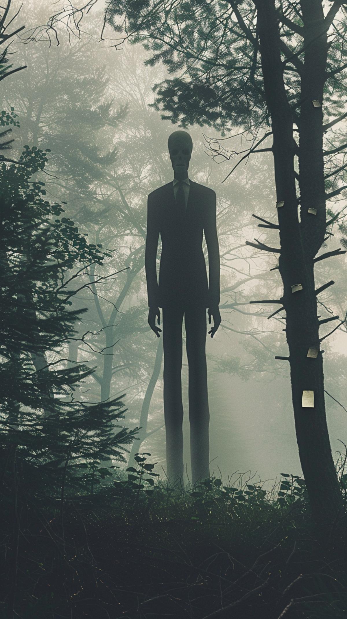 A film in the style of Jutso Ito, a creepy forest in the fog, a huge faceless man in a business suit stands in the forest, arms and legs are unnaturally long, Slenderman, notes on the trees, high quality, good detail, horror film