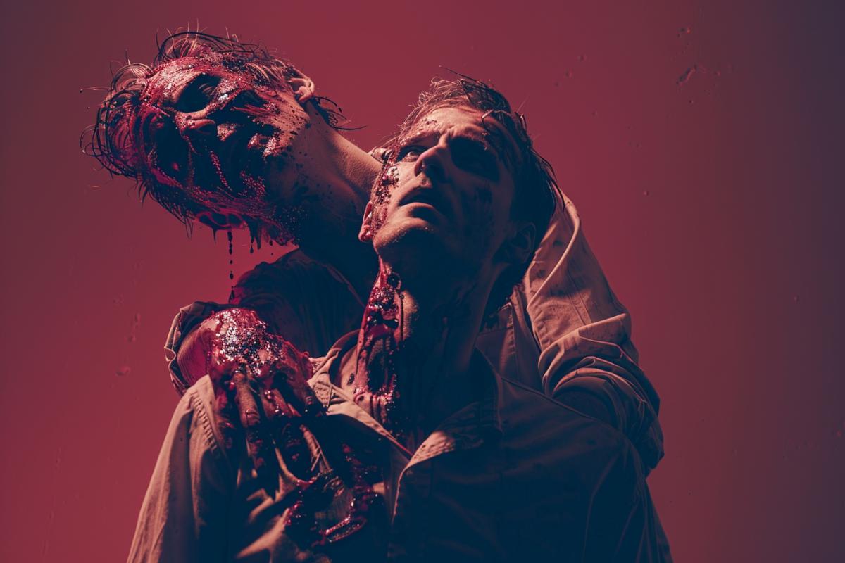 Zombie standing over a man, he is covered in cranberry juice, horror style