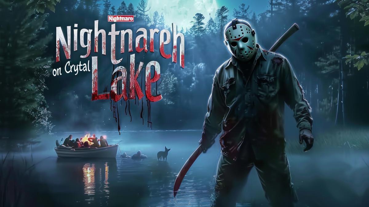 Cover for the film Friday the 13th, on the cover is Jason Voorhees against the backdrop of Crystal Lake, on Crystal Lake in the distance there is a boat with people, Jason has a large Machete in his hand, high quality, good detail, cover of a horror film from the 80s-90s, written on the cover in capital letters \"Nightmare on Crystal Lake\"