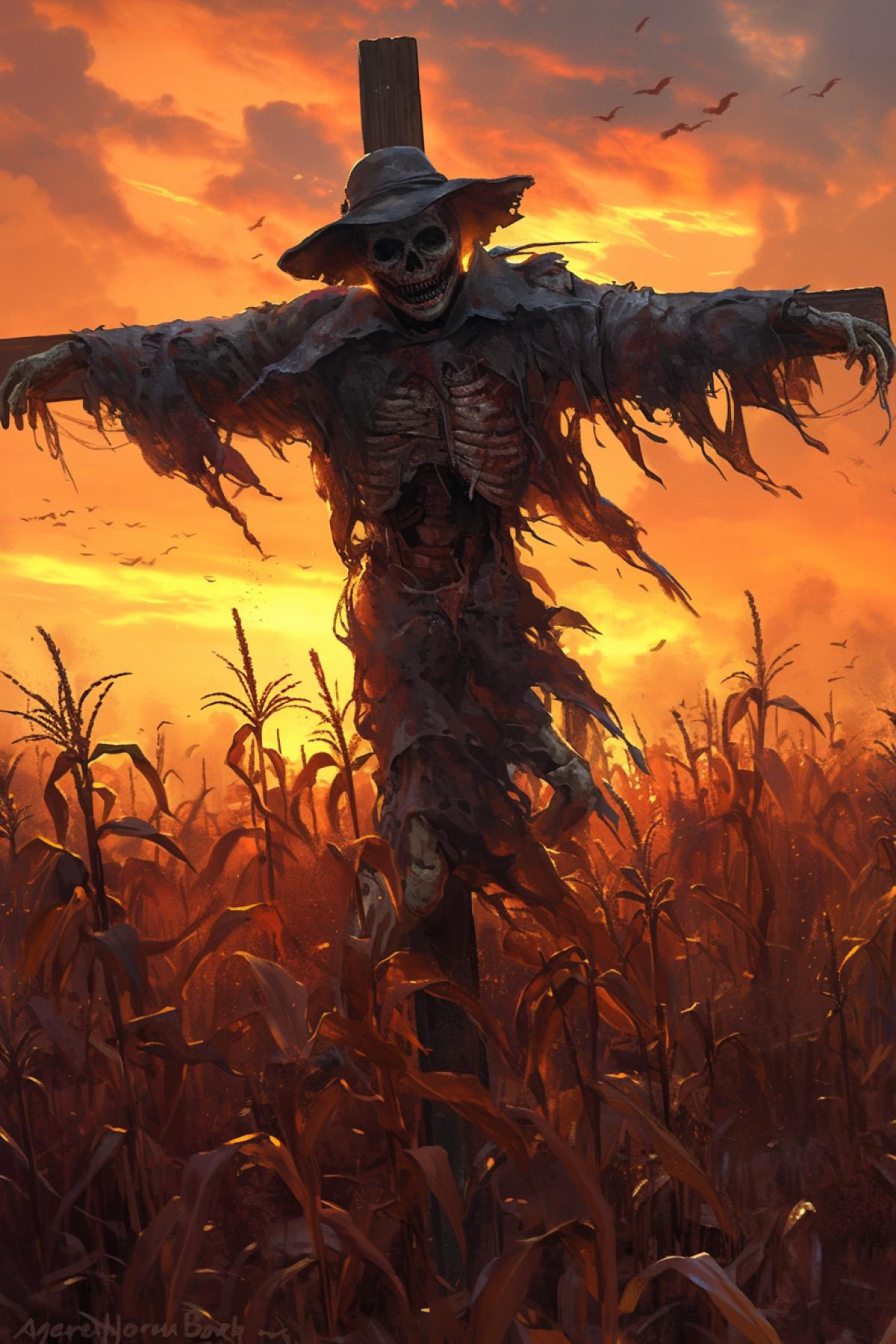jeepers creepers, scarecrow in a cornfield, scarecrow monster, sunset,scarecrow on a cross, skullface ,twilight, horror style, horror, by Gerald Brom, packed with hidden details, style, high dynamic range, hyper realistic, realistic attention to detail, highly detailed, 32K, close up, realism, colorful realism