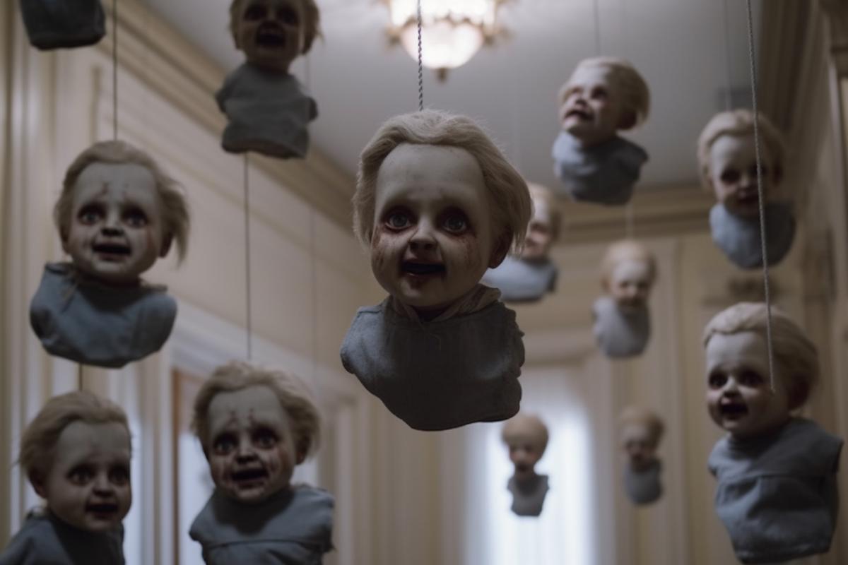 Peoples heads lie in a childrens room, scary, horror movie
