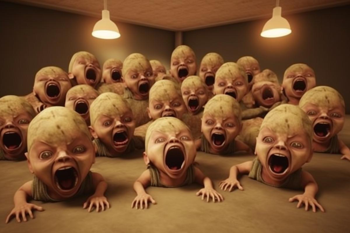 Peoples heads lie in a childrens room, scary, horror movie