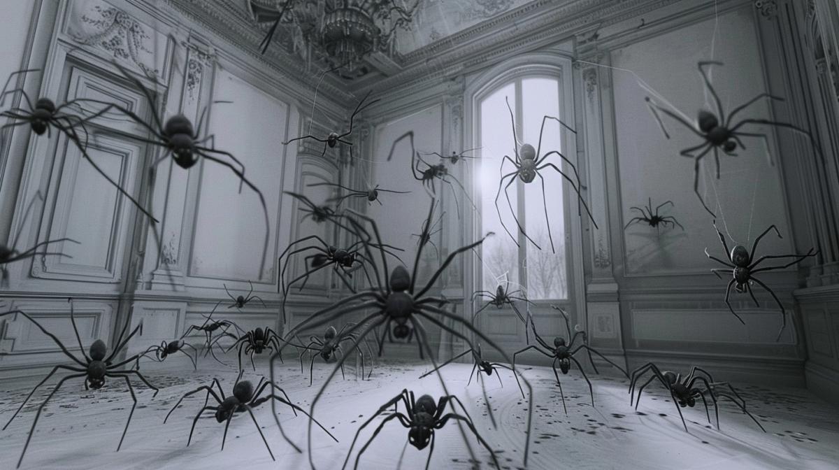 Horror movie, spiders have invaded the white room