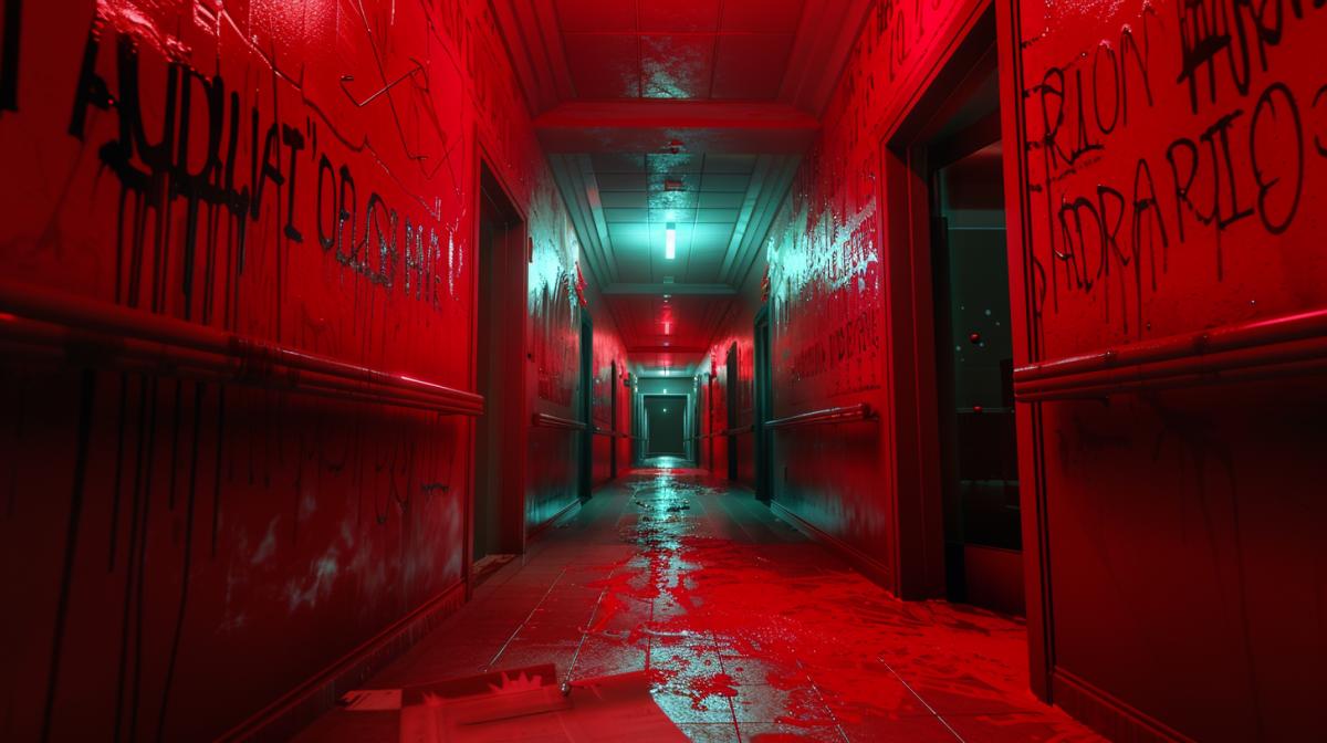 An ominous hospital corridor, red flowing inscriptions on the walls, a cinematic spectacle