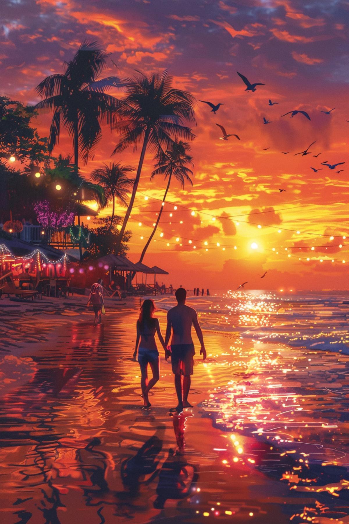 A vibrant beach scene at sunset, featuring a romantic couple walking hand-in-hand along the shore. The sky is ablaze with hues of orange, pink, and purple as the sun dips below the horizon. Palm trees gently sway in the breeze, and waves softly lap at their feet. In the background, a beach café with string lights and live music adds a festive atmosphere, while seagulls soar overhead, capturing the serene and enchanting essence of a tropical beach evening.