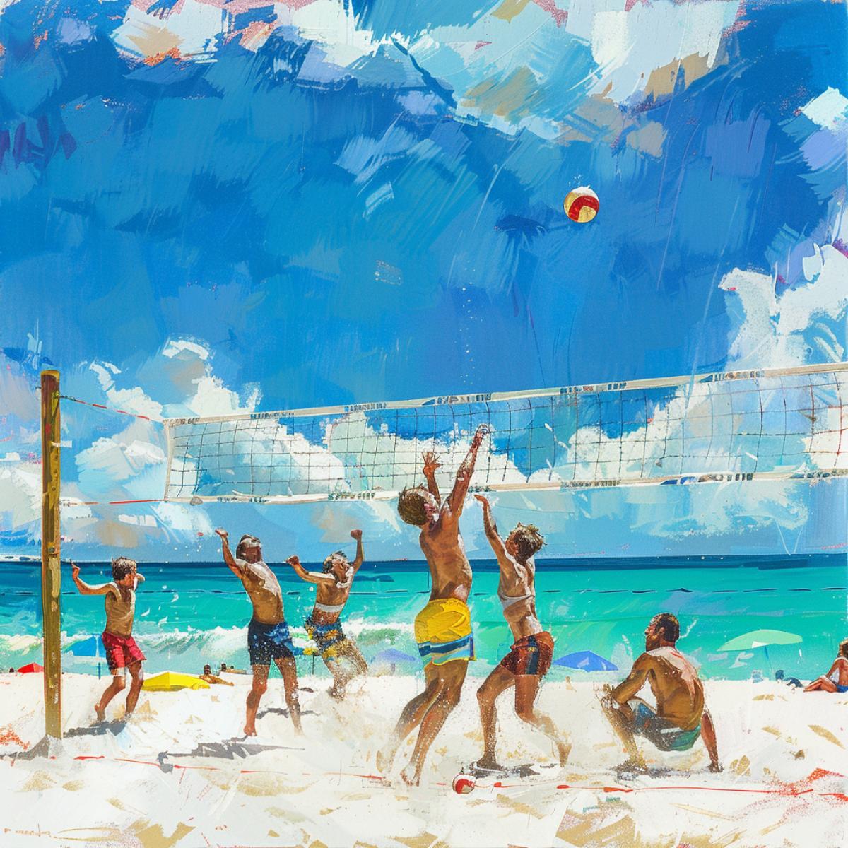 An exhilarating moment of a family playing beach volleyball on a sunny afternoon. The scene captures the high energy of the game, with the ball mid-air and the players jumping and diving to make the play. The backdrop includes a crystal-clear turquoise ocean, white sandy beach, and colorful umbrellas providing shade for onlookers. The sky is a brilliant blue with a few fluffy clouds, and laughter and joy fill the air, highlighting the fun and excitement of a beach day.