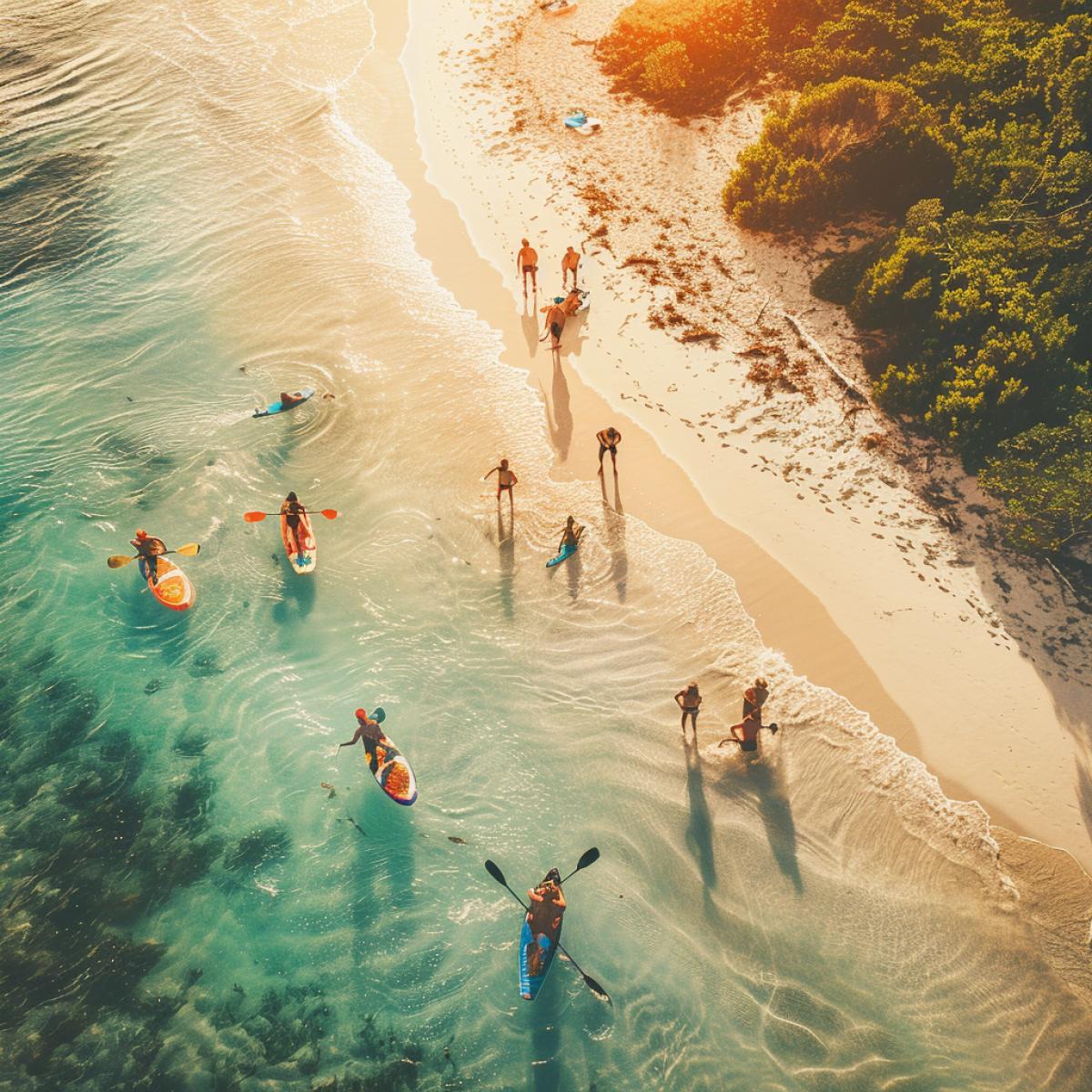 A picturesque scene of a group of friends enjoying various water sports on a pristine beach. Some friends are surfing the waves, their silhouettes against the sparkling ocean, while others are kayaking near a vibrant coral reef. On the shore, more friends prepare for a beach barbecue, with a grill set up and delicious food being prepared. The setting sun casts a golden glow over the scene, with the clear blue water and white sand creating an idyllic and adventurous beach experience.