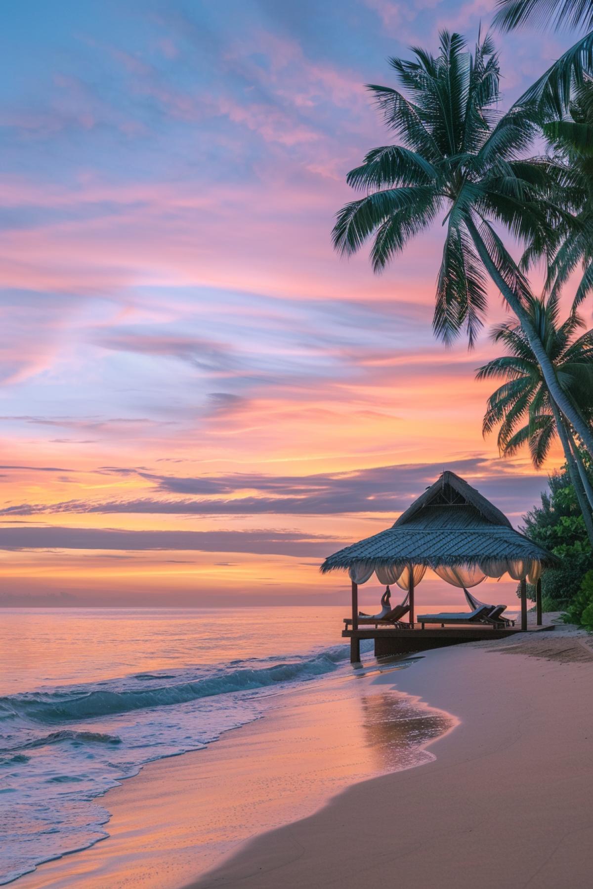 A breathtaking scene of a secluded beach at dawn, where a yoga class is taking place on the soft, golden sand. The instructor, in a serene 4k, leads a group of participants all in harmony with the gentle sound of waves lapping the shore. The sky is a masterpiece of colorssoft pinks, oranges, and bluesilluminating the tranquil sea. In the background, a beachside bamboo pavilion offers a peaceful retreat with flowing curtains and comfortable seating. Palm trees frame the scene, and the overall atmosphere exudes calm, peace, and the rejuvenating spirit of a new day by the ocean.
