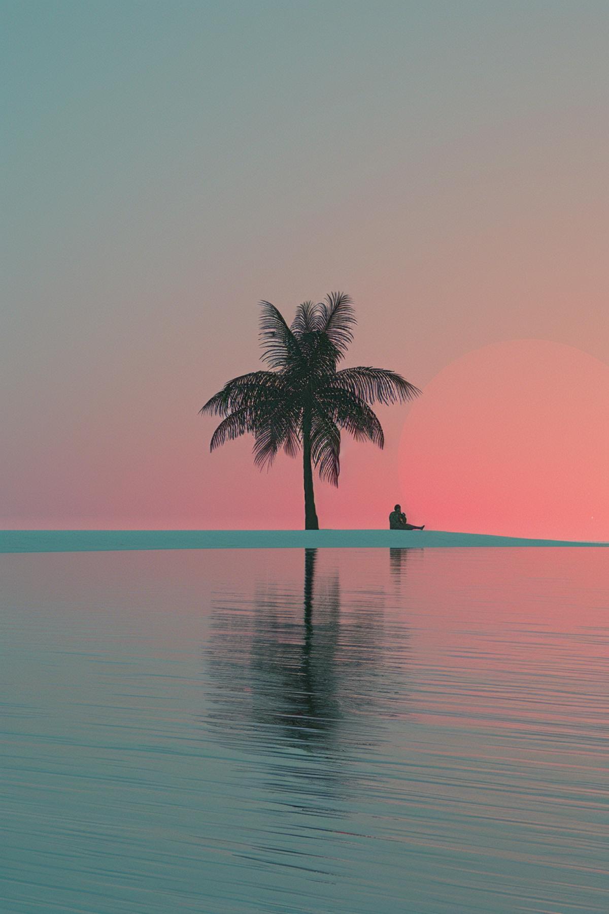 Relaxing on the beach, parallel world, flickering, palm tree, minimalism, dawn