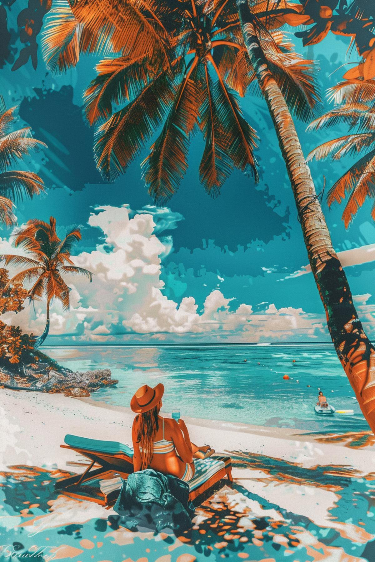 realistic image, Relaxing on the beach, parallel world, flickering, maximalism clear sunny day