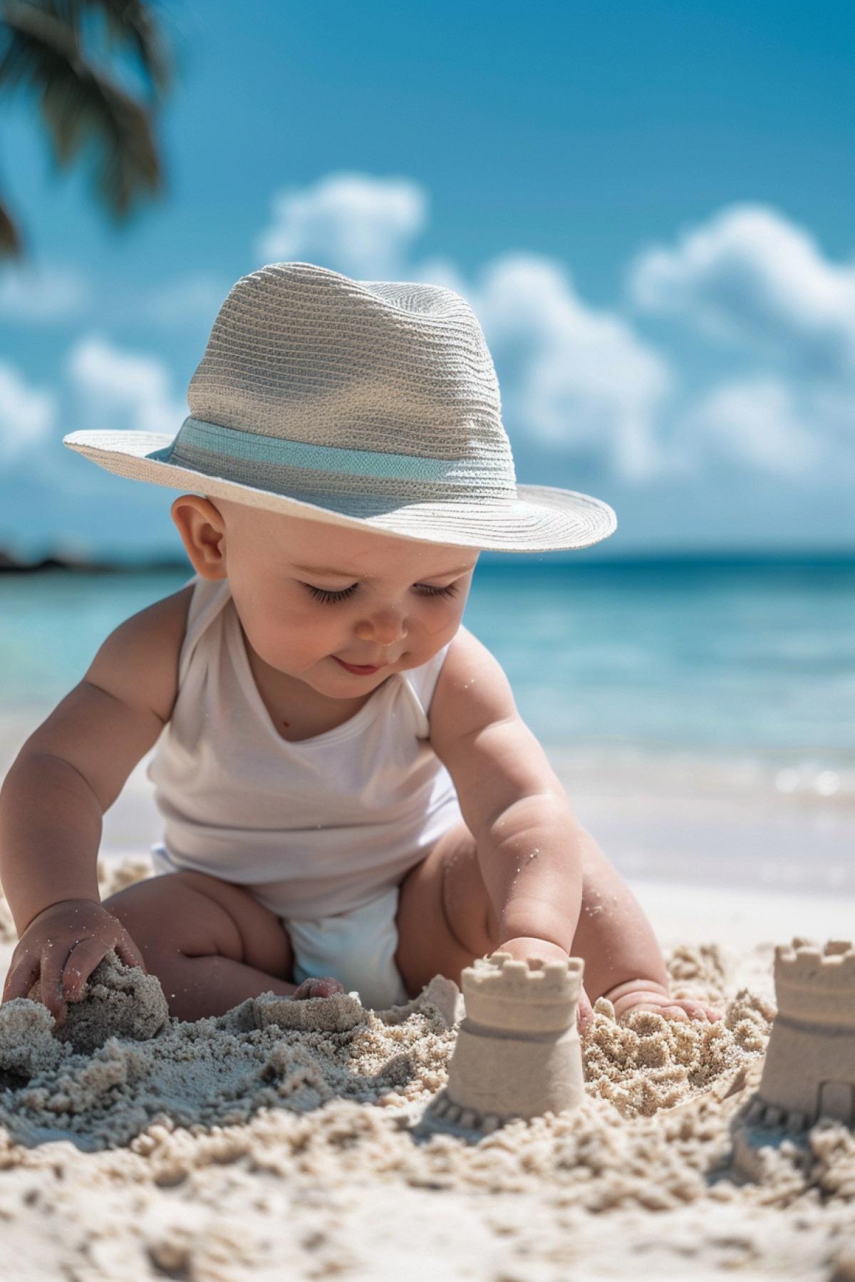 A charming chubby baby builds a sand castle on the beach, a Panama hat on the babys head, the blue sea in the background, natural light, photo for a travel magazine, quality, detail