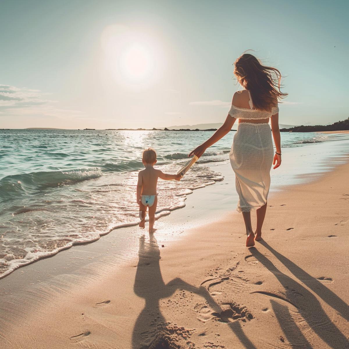 Summer, sun, beach, a young woman in a luxury walks along the sand to the water and leads a small child by the hand to teach him to swim, calm joy, enjoyment