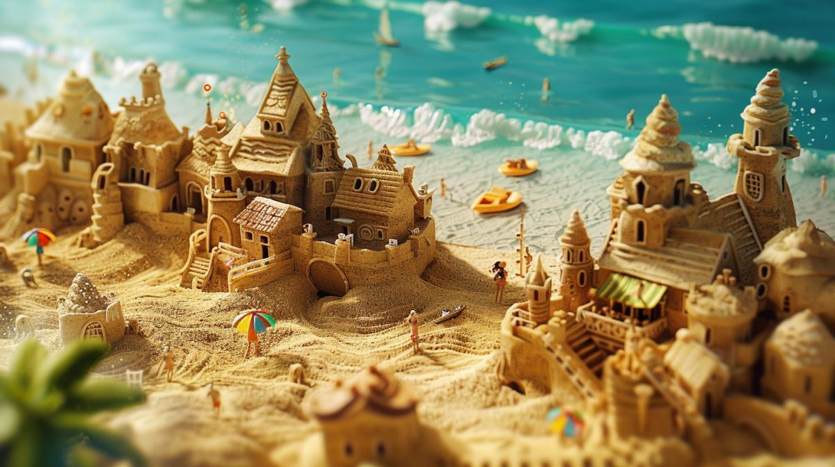 create a realistic picture beach, sand buildings, happy people in the sea