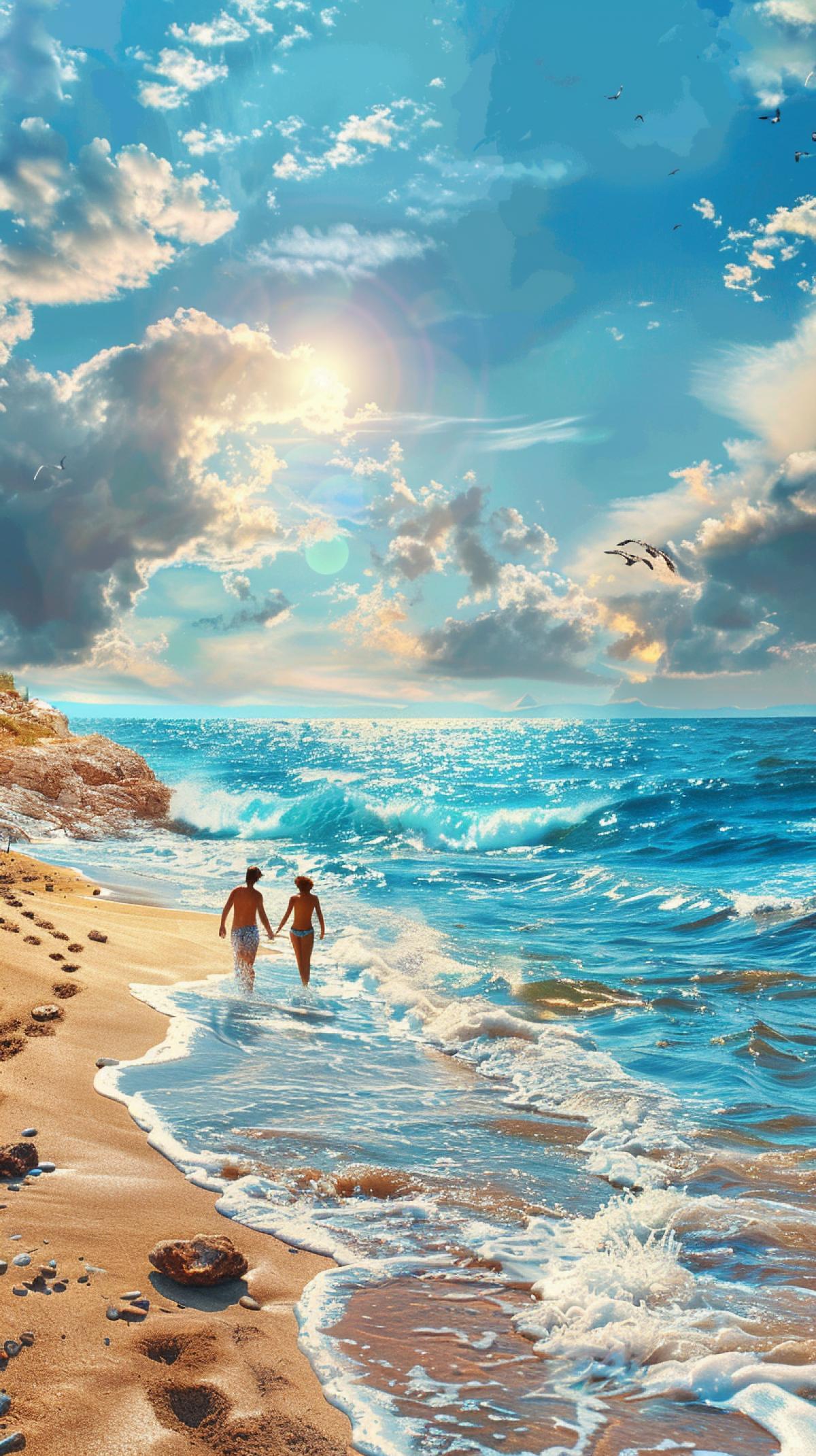 beach, people, sea and sun. joy. create photorealistic