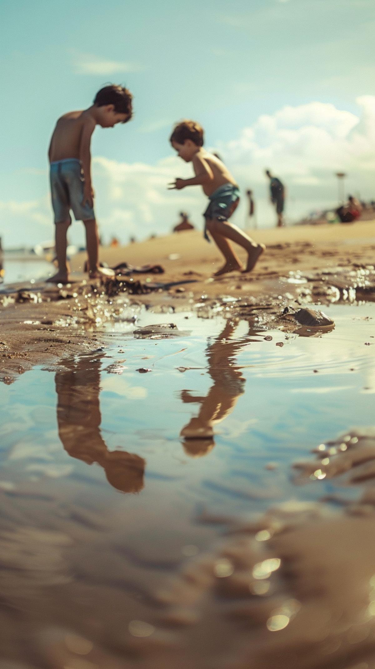 beach, people, sea, joy. grimy children playing around in a puddle on the sandcreate photorealistic